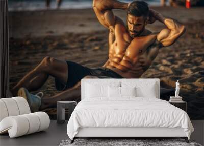 Hispanic man doing difficult isometric abdominal workout on the beach Wall mural