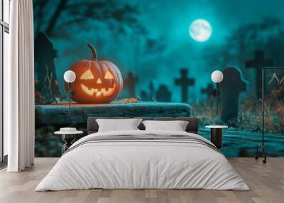 Moonlit cemetery backdrop with a pumpkin on an ancient wooden table Wall mural