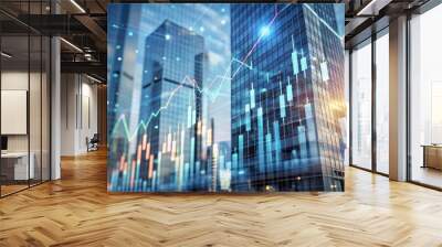 Multi exposure of abstract virtual financial graph hologram on blurry modern office building background, forex and investment concept Wall mural