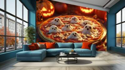 Pizza with Cheese Ghosts and Mushrooms on a Halloween-Themed Table Wall mural