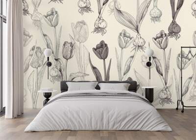 Set of tulips with bulbs in vintage style Wall mural