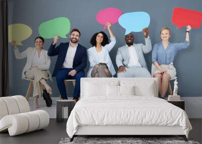 Diversity, business people and speech bubbles for social media, recruitment and feedback in workplace. Multiracial, happy employees and coworkers with happiness, interview or collaboration for survey Wall mural