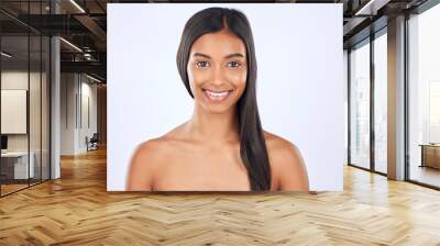 Woman, hair and beauty and haircare in portrait with smile, cosmetic care and keratin treatment on studio background. Happy, Indian female with hairstyle and skin glow, Brazilian and cosmetics Wall mural