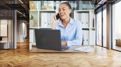 Woman, phone call and working on laptop in business office for planning schedule, receptionist and employee on digital online call. Business woman, tech gadget and smarphone conversation or web email Wall mural