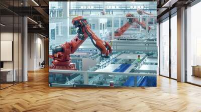 Orange Industrial Robot Arm at Production Line at Modern Bright Factory. Solar Panels are being Assembled on Conveyor. Automated Manufacturing Facility Wall mural