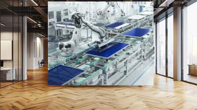 Solar Panel Production Line at Modern Bright Factory. Solar Panels are being Assembled on Conveyor Wall mural