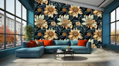 Exotic flowers pattern with vibrant, tropical blooms. Background seamless pattern. Wall mural