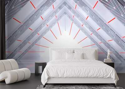 Bright Modern Futuristic Sci-Fi Alien Ship Tunnel With Red And White Glowing Abstract Shape Lights And Reflective Surface With Black End And Empty Space 3D Rendering Wall mural