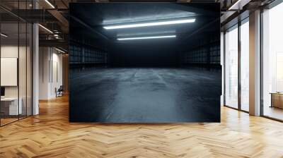 Dark Concrete Led White Lights Underground Tunnel Corridor Cement Asphalt Hallway Warehouse Tunnel Corridor Metal Structure Realistic Empty 3D Rendering Wall mural