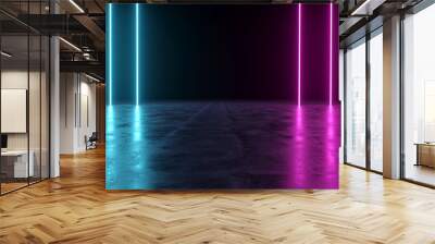 Futuristic Sci-Fi Abstract Blue And Purple Neon Light Shapes On Black Background And Reflective Concrete With Empty Space For Text 3D Rendering Wall mural