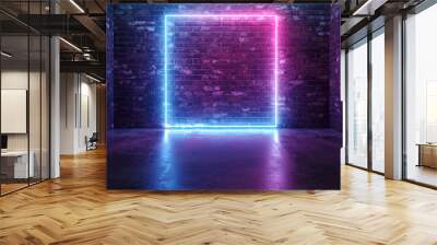 Futuristic Sci Fi Elegant Modern Neon Glowing Rectangle Frame Shaped Lines Tubes Purple Pink Blue Colored Lights In Dark Empty Grunge Concrete Brick Room Background 3D Rendering Wall mural