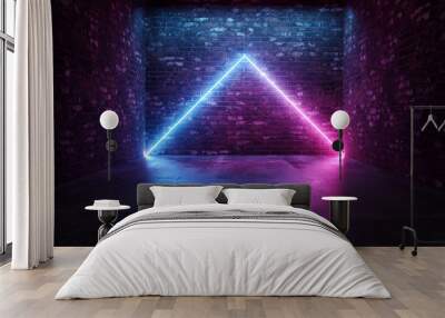 Futuristic Sci Fi Elegant Modern Neon Glowing Triangle Shaped Lines Tubes Purple Pink Blue Colored Lights In Dark Empty Grunge Concrete Bricks Room Background 3D Rendering Wall mural