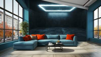 Modern Elegant Futuristic Neon Blue Roof Glowing Rectangle Light In Dark Empty  For Text Room Grunge Reflective Concrete Background 3D Rendering Wall mural