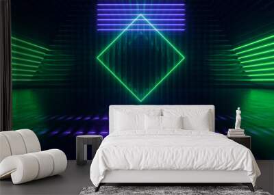 Neon Glowing Background Green Blue Laser Striped Metal Reflective Structure Podium Stage Warehouse Room Hall Garage Dark Night Empty Shape 3D Rendering Wall mural