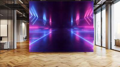 Neon Glowing Plasma Retro Cyber Virtual Purple Blue Luminous Fluorescent Tube Lights Abstract Grunge Concrete Tunnel Room Sci Fi Futuristic Stage Empty Night Background 3D Rendering Wall mural