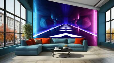 Neon Glowing Psychedelic Vibrant Cosmic Ultraviolet Fluorescent Luxurious Luminous Sci Fi Futuristic Retro  Arrow Vertical Lights Purple Blue Grunge Concrete Tunnel 3D Rendering Wall mural