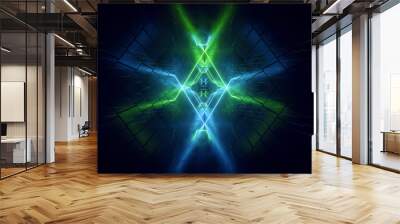 Neon Sci Fi Tunnel Corridor Blue Green Futuristic Lasers Glowing Reflective Metal Realistic Spaceship Alien background 3D Rendering Wall mural