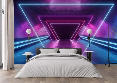 Neon Triangles Laser Glowing Cyber Sci Fi Futuristic Modern Retro Hi Tech Dance Club Purple Pink Blue Lights In Dark Grunge Reflective Concrete Tunnel Corridor Hall Room Empty 3D Rendering Wall mural