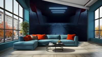 Realistic Alien Sci Fi Futuristic Concrete Asphalt Warehouse Spaceship Garage Hangar Parking Hallway Tunnel Corridor Blue Red Glowing Lights Background 3D Rendering Wall mural