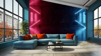 Retro Futuristic Neon Cyber Laser Fluorescent Blue Red Tube Lights Glowing On Old Club Night Dance Grunge Brick Wall Cement Concrete Floor Garage Underground Background 3D Rendering Wall mural