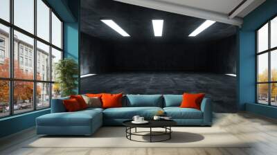 Sci Fi Futuristic Studio Stage Underground White Lights Glowing In Dark Grunge Reflective Concrete Empty Garage Room Corridor Tunnel 3D Rendering Wall mural