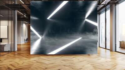 Sci Fi Modern Minimalistic Abstract Shaped Neon Led Glowing White Lines In Smoke Fog Dark Room With Grunge Concrete Reflective Floor Walls 3D Rendering Wall mural