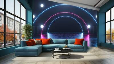 Sci Fi Neon Arc Hallway Fluorescent Studio Led Lights Dark Garage Grunge Concrete Reflective Circle Dot Lamps Glowing Cinematic Blue Purple Glare Background 3D Rendering Wall mural