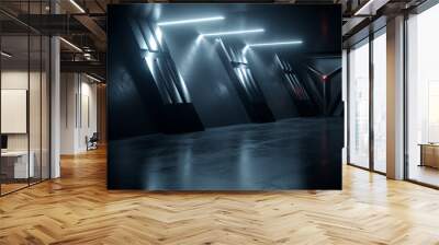 Sci Fi Neon Glowing Blue White Led Alien Spaceship Corridor Tunnel Underground Cement Concrete Metal Glossy Elements Realistic Cyber Background Showroom Parking Triangle Doors Hangar 3D Rendering Wall mural