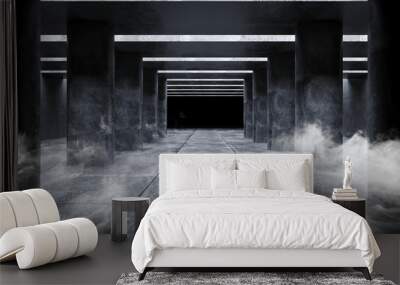 Smoke Fog Grunge Concrete Sci Fi Elegant Modern Futuristic Spaceship Underground Tunnel Hall Gallery Room Empty Space Tiled Floor Reflections Abstract Background Alien 3D Rendering Wall mural