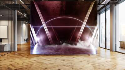 Smoke Fog Neon Rainbow Glowing Triangle Sci Fi Futuristic Virtual Spaceship Abstract Triangle Glossy Metal Concrete Grunge Dark Empty Cinematic Corridor Room Hallway Entrance 3D Rendering Wall mural