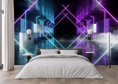 Smoke Future Neon Lights Graphic Glowing Purple Blue Vibrant Virtual Sci Fi Futuristic Tunnel Studio Stage Construction Garage Podium Spaceship Night Dark Concrete Grunge 3D Rendering Wall mural