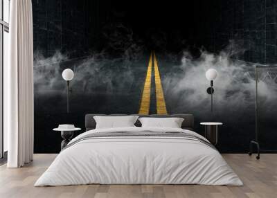 Smoke Sci Fi Futuristic Asphalt Tunnel Corridor Garage Cement Road Double Lined Concrete Walls Underground Dark Night Car Show Neon Glowing Arc Stage Showroom 3D Rendering Wall mural