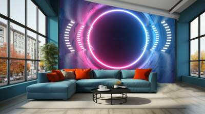 Studio Sci Fi Neon Glowing Sphere Circle Gate Portal  Gradient Purple Blue Retro Alien Spaceship Reflective Motherboard Texture Chip Empty Background Spaceship 3D Rendering Wall mural