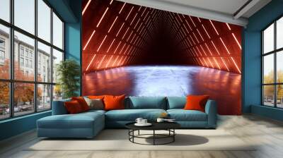 Triangle Alien Spaceship Tron Cyber Orange Red Blue Glowing Tunnel Corridor Sci Fi Futuristic Dark Studio Hangar Warehouse Concrete Glossy Underground Hallway Background 3D Rendering Wall mural