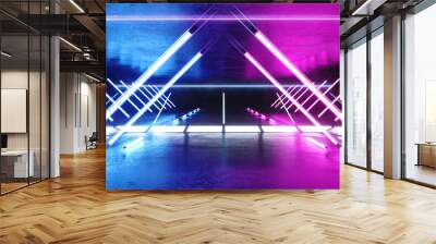 Triangle Construction Stage Virtual Reality Neon Glowing Purple Blue Sci Fi Futuristic Modern Retro Alien Spaceship Corridor Fluorescent Lasers Led Lights On Concrete Floor Reflections 3D Rendering Wall mural