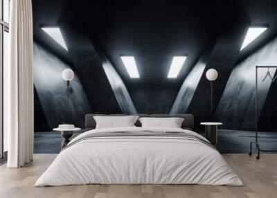 Triangle Shaped Grunge Concrete Sci Fi Futuristic Elegant Empty Dark Reflective Big Hall Scene Alien Ship Room Tunnel Corridor Glowing Studio Lights 3D Rendering Wall mural