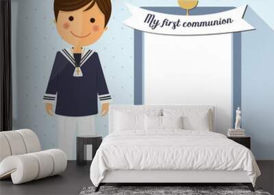 First communion child square card on blue background Wall mural