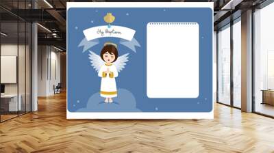 Praying angel. Baptism horizontal invitation with message. Vector illustration Wall mural