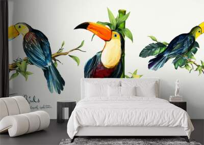 Toucan birds on branches and bamboo with leaves. Set of three isolated on white. Hand drawn, watercolor illustration. Design elements. Vector - stock. Wall mural