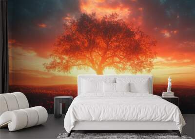 Silhouettes of Two Figures Beneath a Majestic Tree During Sunset Wall mural