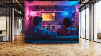 Two Guys Gaming in Neon Lit Living Room Wall mural