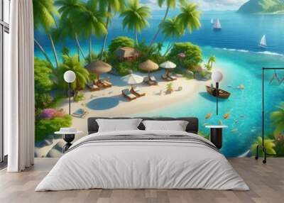 AI illustration showing a paradise island with underwater life and life on the surface Wall mural