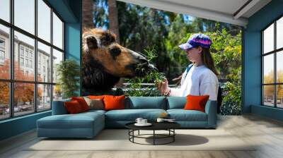 Beautiful young girl feeding a camel close-up Wall mural