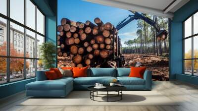 porter or forwarder collecting pine trunks for storage Wall mural