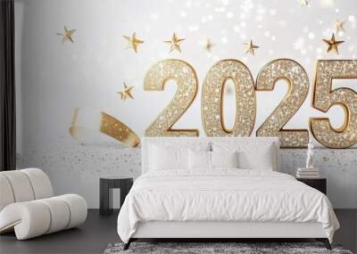 3D golden number 2025 with stars and ribbons on a white background Wall mural