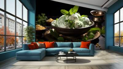 a bowl of ice cream with mint leaves Wall mural