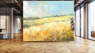 A lonely bunny at spring field oil painted, pastle colour painted vintage painting Wall mural