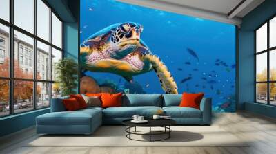 A sea turtle swimming gracefully in the deep blue ocean, surrounded by vibrant coral reefs and colorful fish. Wall mural