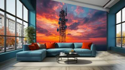 Antenna tower of telecommunication and Phone base station with TV and wireless internet antennas, Generative AI Wall mural