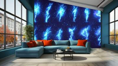 Cartoon lightning animation. Animated frames of electric strike, magic electricity hit and thunderbolt effect  illustration set. Game asset collection of blue glowing storm, Generative AI Wall mural